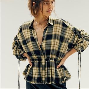 Free People Pacific Dawn Plaid Top Black small cinch waist yellow fall new